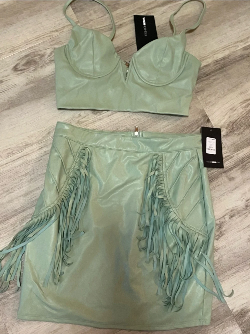 Fashion Nova Sage Faux Leather Fringe Two-Piece Set - NWT